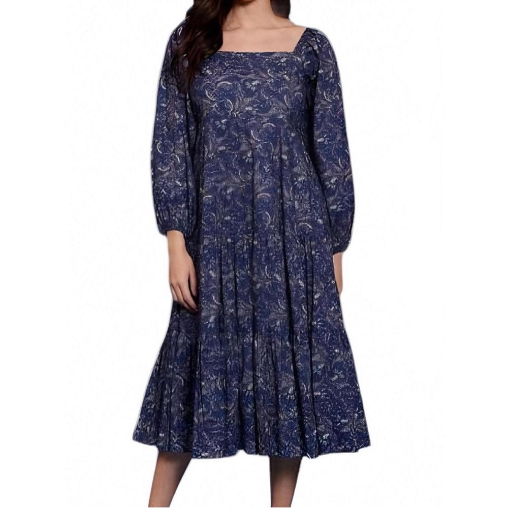 Lucy Paris Raissa Smocked Tiered Midi Dress‎ – Blue Paisley Floral, Size Medium